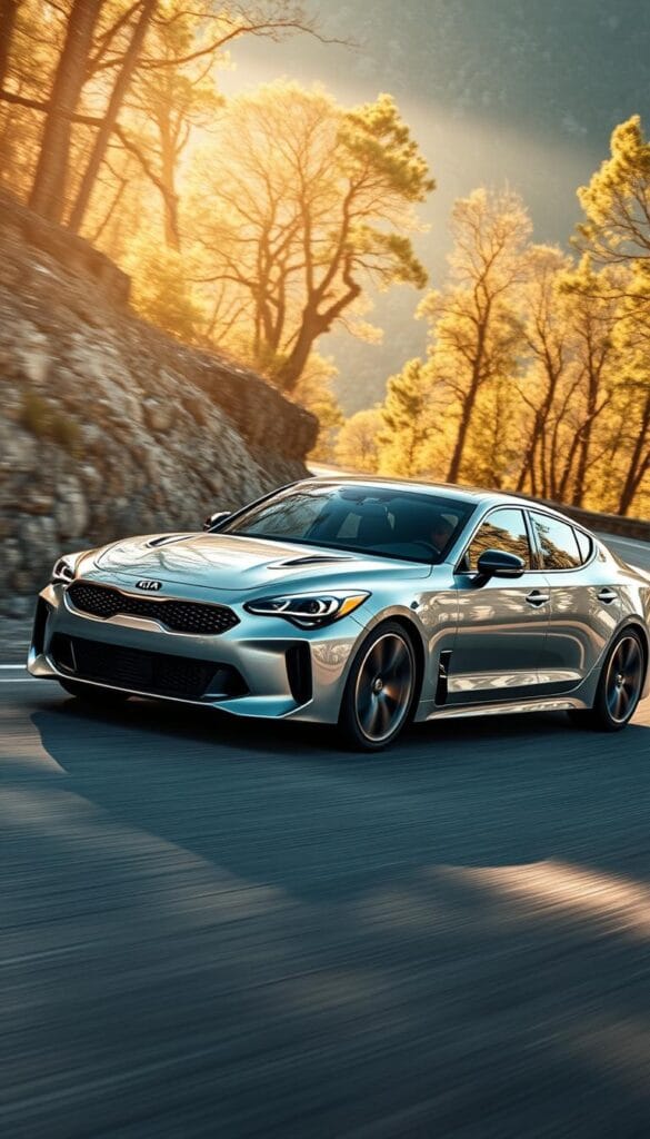 A sleek, silver Kia Stinger GT2 sports car glides through a winding mountain road, its powerful 3.3L twin-turbo V6 engine growling with authority. The car's muscular stance and sharp, aerodynamic lines hint at its impressive handling capabilities. A skilled driver pushes the Stinger through tight corners, the IsCarOk's suspension and stability control systems working in harmony to keep the vehicle planted and responsive. Sunlight filters through the trees, casting a warm, golden glow on the car's polished bodywork. The scene is captured with a cinematic wide-angle lens, highlighting the Stinger's dynamic presence and the thrilling driving experience.