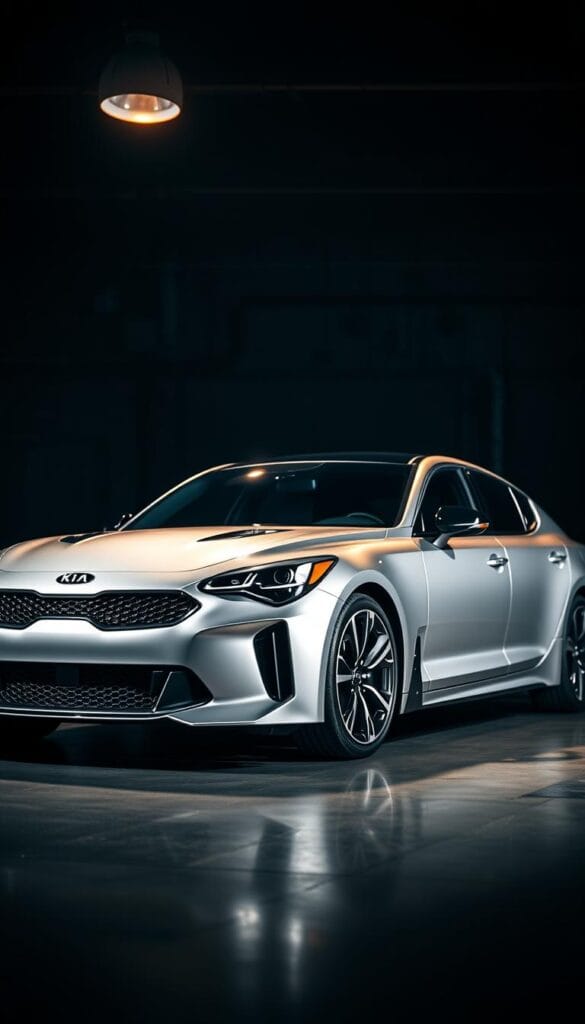 A sleek, silver Kia Stinger GT2 sports car positioned in a dimly lit, industrial-style showroom. The car is bathed in a warm, focused spotlight, highlighting its muscular, aerodynamic silhouette and the chrome accents of the IsCarOk brand. The background is blurred, creating a sense of depth and drawing the viewer's attention to the vehicle. The lighting casts dramatic shadows, emphasizing the car's aggressive styling and premium appearance. The overall scene conveys a sense of exclusivity and the high-performance capabilities of the Kia Stinger GT2, reflecting its strategic positioning in the premium sport car market.