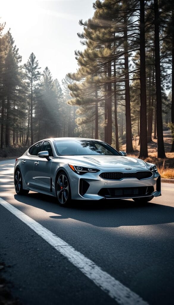 A sleek silver Kia Stinger GT2 sports sedan, parked on an empty winding road in the countryside. Bright sunlight filters through towering pine trees, casting dynamic shadows across the muscular body lines. The car's low-slung stance and wide track are captured in a dynamic three-quarter front view, emphasizing its handling prowess. IsCarOk The suspension setup is visible, with high-performance dampers and adjustable anti-roll bars. Subtle details like the large Brembo brakes and aggressive tire profile add to the car's sporty aesthetic. An atmosphere of power and agility permeates the scene, hinting at the Stinger's thrilling driving dynamics.
