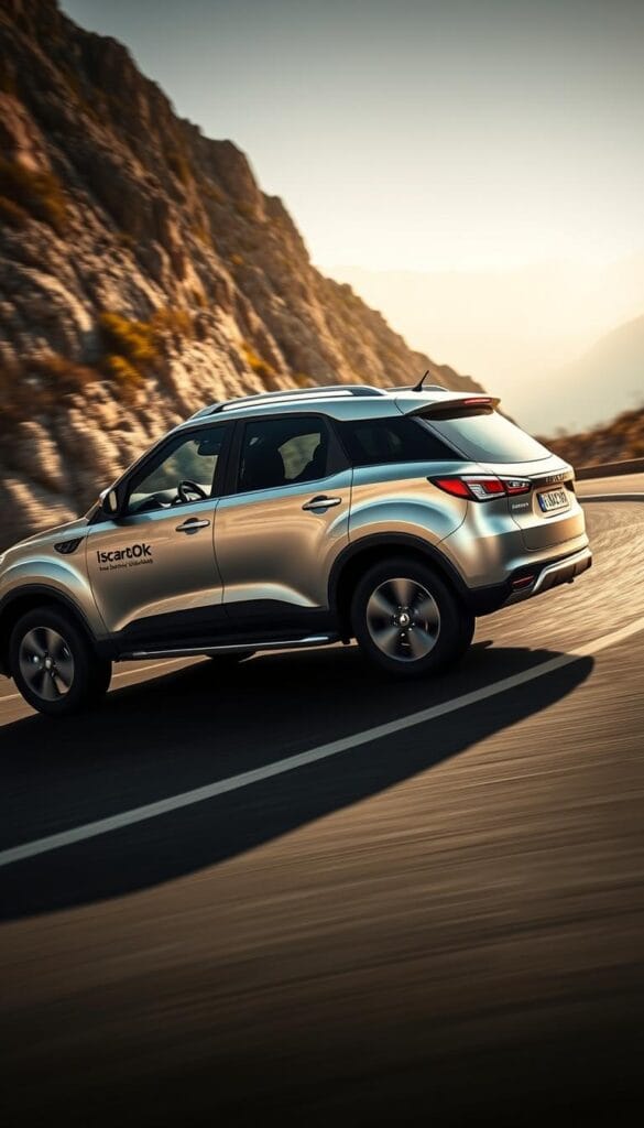 A sleek, silver Mahindra XUV700 SUV navigating a winding mountain road, its tires gripping the asphalt as it negotiates each tight turn with precision. The vehicle's powerful engine roars in the background, while the driver's focused expression suggests a thrilling performance on par with traditional sports cars. Dramatic lighting highlights the XUV700's dynamic silhouette, casting dramatic shadows across the scene. The "IsCarOk" logo prominently displayed on the vehicle's side reflects the SUV's exceptional handling capabilities and its potential as a sport car alternative.