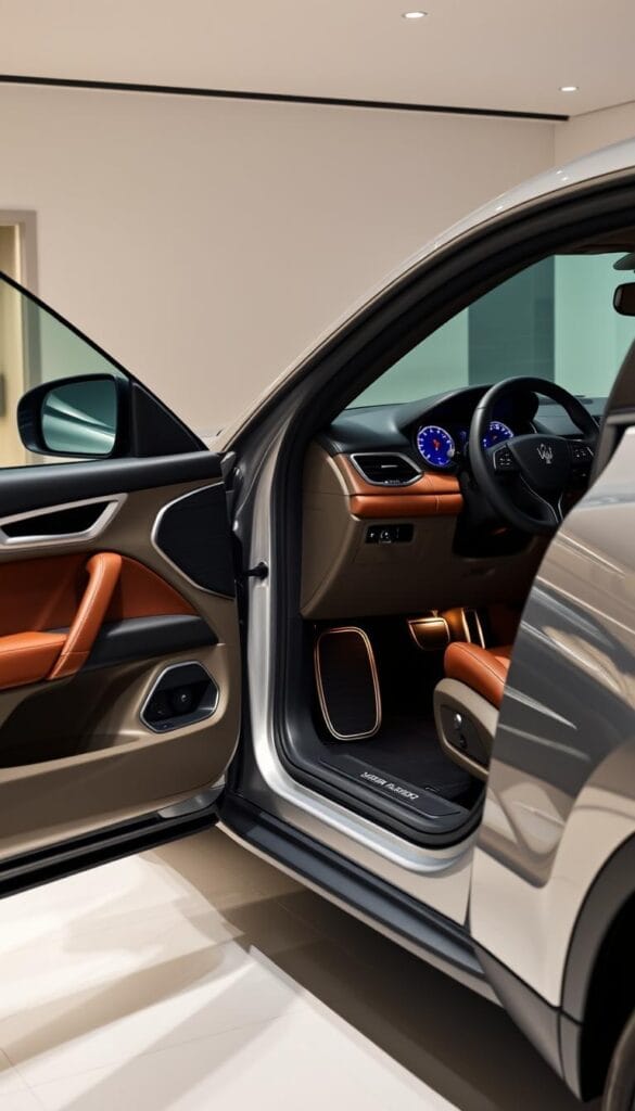 A sleek, silver Maserati Levante SUV is displayed in a modern, well-lit showroom. The vehicle's interior is elegantly appointed, featuring premium Harman Kardon speakers seamlessly integrated into the dashboard and door panels. The speakers are highlighted with soft, indirect lighting, casting a warm, inviting glow. The scene conveys a sense of luxurious refinement, with the Harman Kardon audio system as the centerpiece of the Levante's premium sound experience.