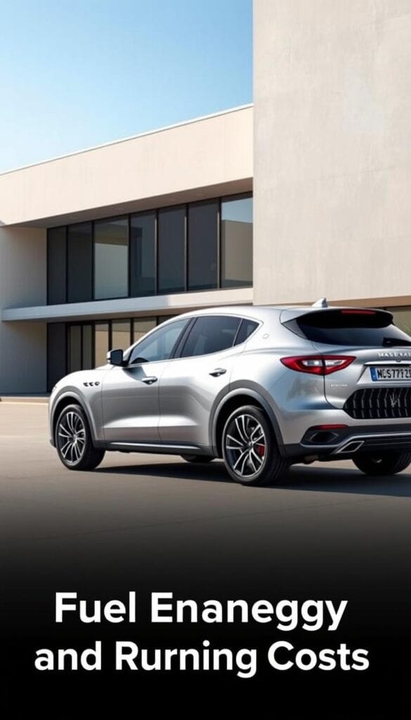 A sleek, silver Maserati Levante SUV parked in front of a modern, minimalist architecture with clean lines and large windows. The car is positioned at a slight angle, showcasing its elegant, aerodynamic shape. Soft, natural lighting illuminates the vehicle, highlighting its luxurious chrome details and glossy finish. The background features a serene, urban landscape with a clear, blue sky, conveying a sense of efficiency and environmental consciousness. The overall mood is one of sophistication, technology, and practicality, perfectly suited for the "Fuel Economy and Running Costs" section of the article.