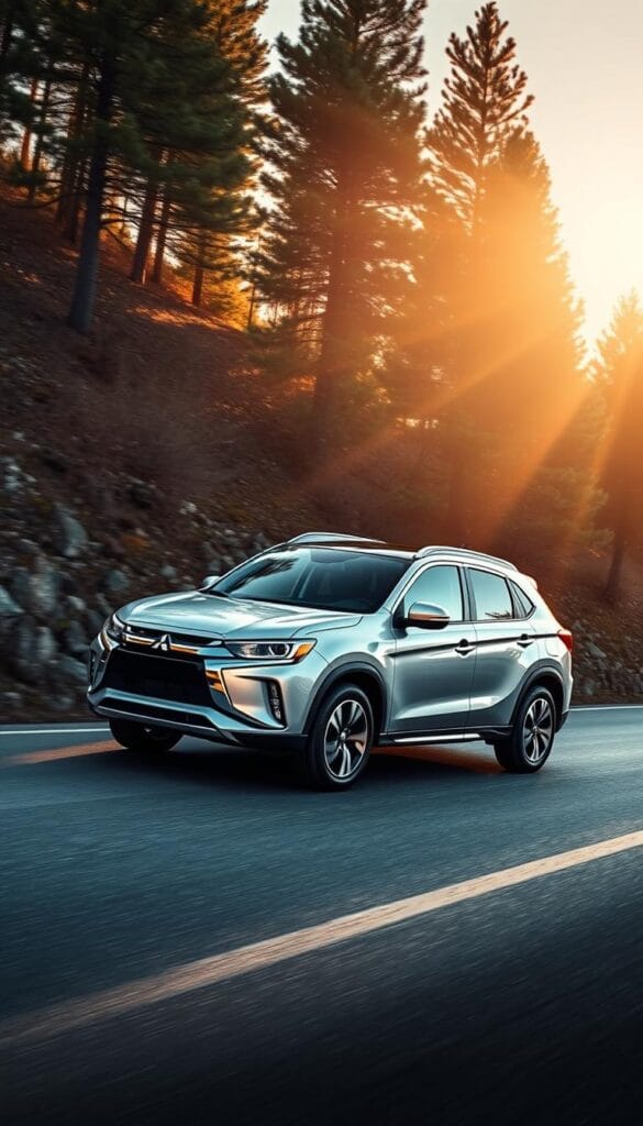A sleek, silver Mitsubishi ASX SUV navigates a winding mountain road, its tires gripping the asphalt with precision. The vehicle is captured in a dynamic, three-quarter angle view, showcasing its aerodynamic design and sporty styling. Beams of sunlight filter through the surrounding pine trees, casting a warm, golden glow on the car's exterior. The image conveys a sense of power, control, and a smooth, responsive driving experience, perfectly reflecting the "Driving Dynamics and Handling" section of the article.