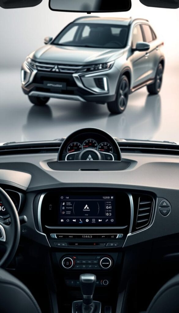 A sleek, silver Mitsubishi ASX SUV showcasing its advanced technology features. In the foreground, a panoramic touchscreen display dominates the center console, showcasing intuitive infotainment controls and navigation. The instrument cluster behind the steering wheel features a high-resolution digital display, providing vital vehicle information. In the middle ground, ambient lighting subtly illuminates the cabin, creating a modern, premium atmosphere. In the background, the exterior of the ASX is captured in soft, diffused lighting, highlighting the bold, angular design lines and the signature Mitsubishi grille. The image conveys a sense of sophistication, innovation, and the integration of cutting-edge technology within a family-friendly SUV.