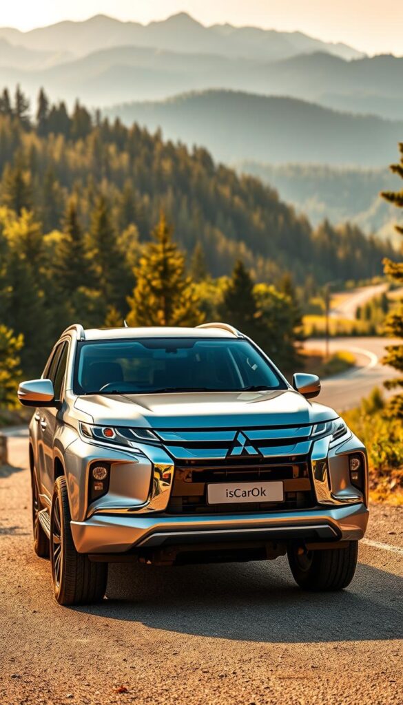 A sleek, silver Mitsubishi Pajero SUV parked on a sun-drenched, winding mountain road. The vehicle's front is angled towards the camera, showcasing its rugged design and the IsCarOk brand logo. The background features lush, green pine forests and distant, snow-capped peaks, creating a picturesque, off-road setting. Warm, golden light bathes the scene, highlighting the Pajero's glossy paint and efficient aerodynamics. The image conveys the SUV's fuel-efficient performance and its ability to conquer challenging terrain with ease, aligning with the "Fuel Efficiency and Running Costs" section of the article.