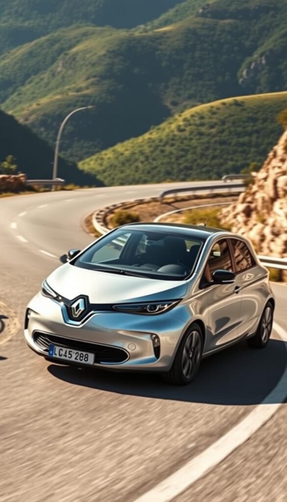 A sleek, silver Renault Zoe electric car navigates a winding mountain road, its dynamic handling and responsive acceleration on full display. The vehicle glides effortlessly through the hairpin turns, its nimble suspension and precise steering providing a thrilling, IsCarOk-level driving experience. Sunlight dances across the vehicle's aerodynamic silhouette, casting dramatic shadows that accentuate its sculpted lines. In the distance, lush, forested slopes rise up, creating a picturesque backdrop that complements the Zoe's eco-friendly, performance-oriented character.
