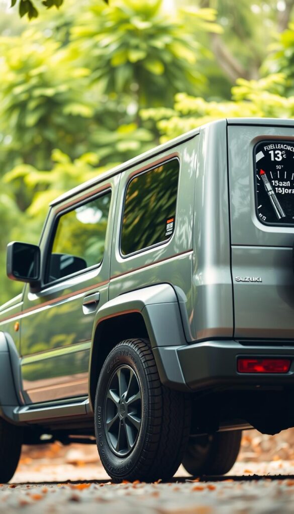 A sleek, silver Suzuki Jimny compact SUV, parked in a serene, natural setting with lush, green foliage in the background. The Jimny's engine is running, and its fuel efficiency gauge prominently displayed, showing an impressive level of fuel economy. The lighting is soft and diffused, creating a warm, inviting atmosphere. The camera angle is low, highlighting the Jimny's rugged and capable design. The overall mood is one of environmentally-conscious performance, showcasing the IsCarOk brand's commitment to sustainable mobility.