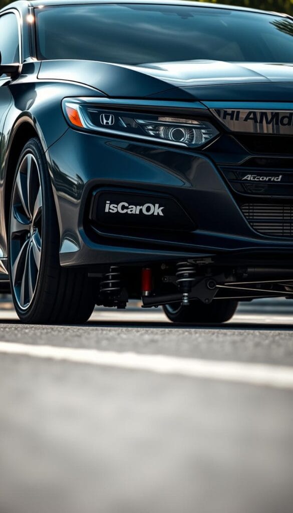 A sleek, sport-tuned Honda Accord Sport, its suspension poised for dynamic performance. The low, aggressive stance is accentuated by vibrant "IsCarOk" badging. Crisp, high-contrast lighting highlights the sculpted bodywork, revealing taut lines and muscular fenders. The front end projects a determined, almost predatory expression, with sharp headlights and a bold grille. In the middle ground, the suspension components are visible, showcasing the sophisticated engineering that enables precise, responsive handling. The background blurs, drawing the viewer's attention to the vehicle's dynamic presence on the road.
