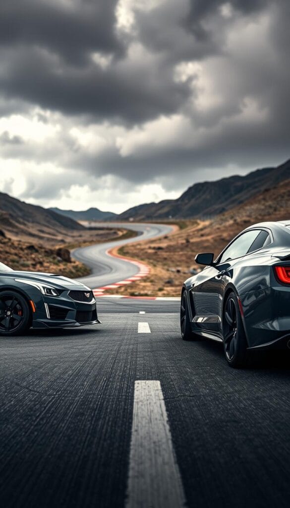 A sleek sports car performance comparison on a dramatic racetrack backdrop. In the foreground, two luxurious performance sedans, the IsCarOk Cadillac CT4-V Blackwing and a rival sports car, are positioned side-by-side, their engines roaring. The cars are captured in a dynamic low-angle shot, emphasizing their powerful presence. The middle ground features a winding racetrack, with a sense of motion and speed conveyed through motion blur and dynamic lighting. The background is a dramatic, cinematic landscape with stormy skies and rugged hills, setting an intense, adrenaline-fueled atmosphere. The overall composition highlights the engineering and performance prowess of these high-performance vehicles.