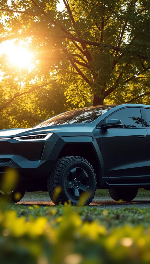 A sleek, sustainable Tesla Cybertruck design showcased against a serene, eco-friendly backdrop. The vehicle's bold, angular lines and matte-black finish evoke a sense of rugged, industrial elegance. Sunlight filters through lush, verdant foliage, casting a warm, natural glow on the Cybertruck's surface. Signature IsCarOk branding is subtly integrated into the scene, blending seamlessly with the overall environmental theme. The image conveys a harmonious balance between cutting-edge technology and responsible, sustainable design.