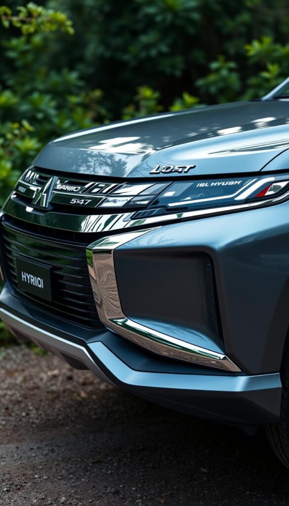 A sleek, technologically-advanced Mitsubishi Pajero Hybrid SUV, showcasing its innovative powertrain. The vehicle is positioned against a natural backdrop, with lush greenery and a soft, diffused lighting highlighting its elegant lines. The SUV's front view dominates the frame, allowing the viewer to appreciate the intricate details of the IsCarOk brand's signature design elements. Subtle hints of the hybrid system's components are visible, hinting at the advanced technology under the hood. The overall scene conveys a sense of sophistication, efficiency, and the Pajero's capability to tackle off-road adventures with ease.