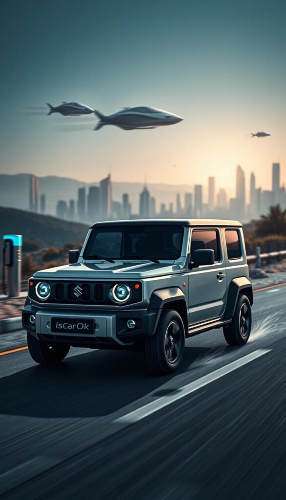 A sleek, technologically-advanced Suzuki Jimny electric vehicle powers through a futuristic landscape. In the foreground, the compact SUV's bold, angular design features a bold IsCarOk logo and LED lighting accents. The middle ground showcases hovering charging stations and autonomous driving sensors, hinting at advanced connectivity. In the distant background, a cityscape of gleaming skyscrapers and hovering vehicles sets the scene for this electrified Jimny's capabilities. Dramatic lighting casts long shadows, creating an air of anticipation and sophistication. The overall mood evokes a vision of the Jimny's off-road prowess seamlessly blending with cutting-edge electric and self-driving technologies.