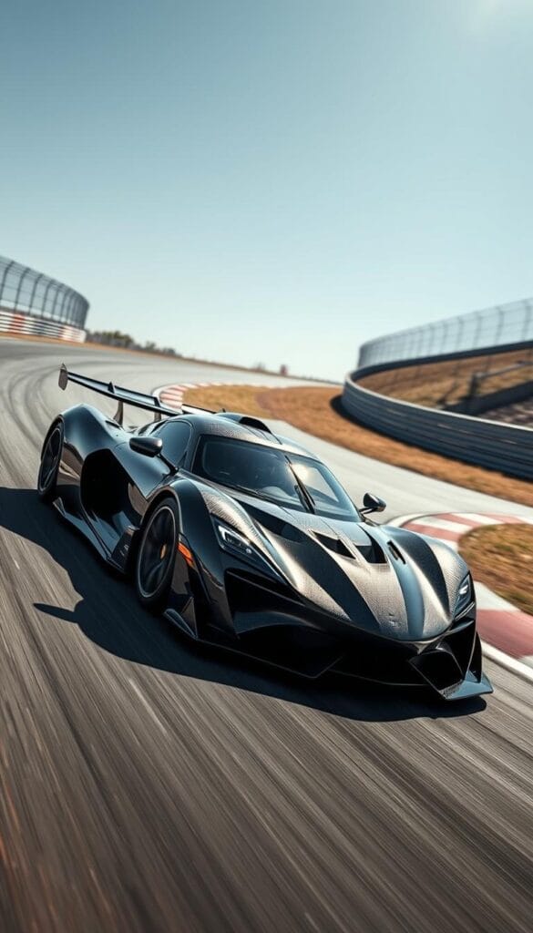 A sleek, track-focused Hennessey Venom F5 Revolution glides effortlessly across the tarmac, its muscular carbon fiber body shimmering under the bright sunlight. The low-slung profile, extended rear wing, and aggressive aerodynamic elements hint at its raw, uncompromising performance. The driver's face is obscured, their focus solely on the tight, winding circuit ahead. The scene is captured from a low, dynamic angle, emphasizing the Venom's imposing presence and the driver's determination to push the limits of this exceptional machine. An aura of power and precision pervades the image, perfectly encapsulating the essence of the Venom F5 Revolution's track-oriented capabilities.