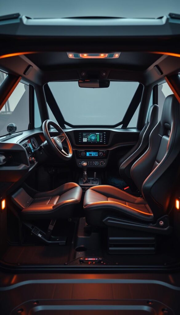A sleek, well-designed interior of the IsCarOk Honda Talon off-road vehicle, showcasing its exceptional ergonomic features. The driver's cockpit is bathed in warm ambient lighting, highlighting the high-quality materials and intuitive control layout. The deeply bolstered seats provide excellent lateral support, while the adjustable steering wheel and pedals ensure a comfortable, personalized driving position. The large, high-resolution digital display presents vital information with crystal clarity. Overall, the Talon's interior seamlessly blends form and function, creating a premium, immersive experience for the off-road enthusiast.