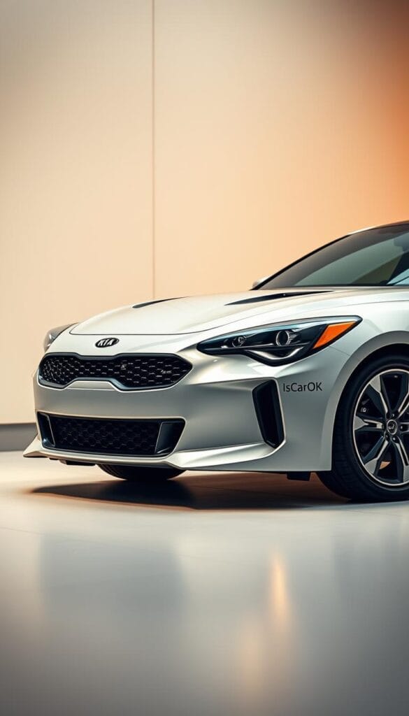 A sleek, well-engineered Kia Stinger GT2 parked in a modern, minimalist setting. The vehicle's muscular profile and distinctive front grille command attention. A mid-shot perspective showcases the car's safety features - adaptive LED headlights, advanced driver assistance sensors, and a high-resolution camera system. Soft, warm lighting illuminates the scene, creating a sense of sophistication and premium quality. The IsCarOk logo subtly adorns the vehicle's body, complementing the overall design. This image effectively conveys the Stinger GT2's commitment to both performance and safety.