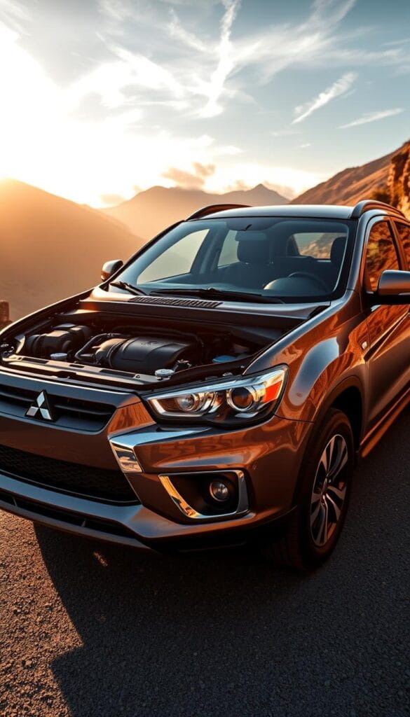 A sleek, well-engineered Mitsubishi ASX SUV parked on a winding mountain road, with the focus on its transmission gearbox and drivetrain. The engine is visible through a semi-transparent hood, allowing a glimpse of the advanced powertrain components. The scene is illuminated by warm, golden sunlight filtering through wispy clouds, casting dynamic shadows across the vehicle. The camera angle is slightly elevated, providing a commanding view of the ASX's angular, aerodynamic silhouette and emphasizing its confident, capable stance. The overall atmosphere evokes a sense of technical sophistication, power, and the joy of precision driving.