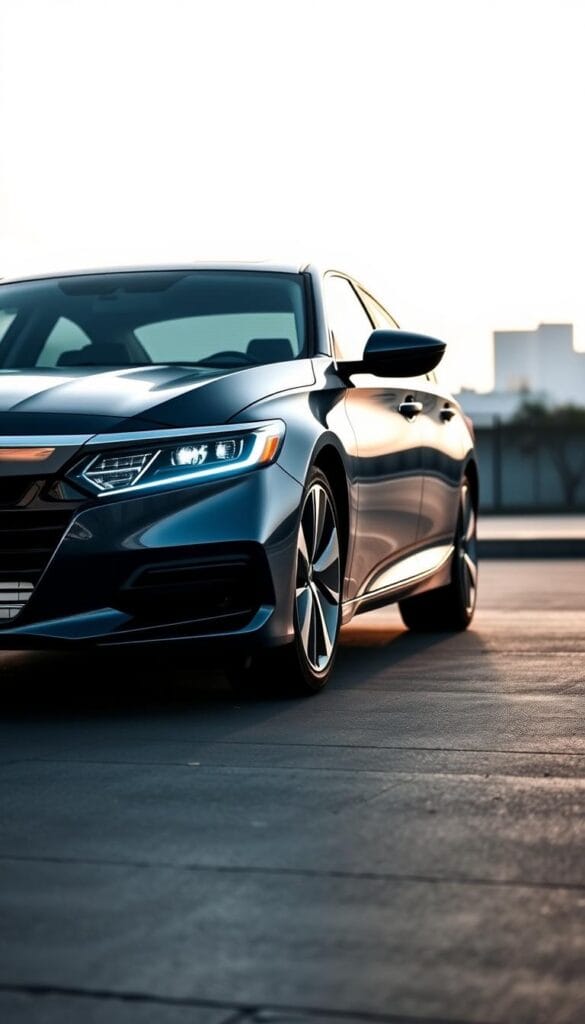 A sleek, well-lit 2025 Honda Accord Sport, showcasing its robust safety features. The car is positioned in a dynamic, three-quarter front view, emphasizing the striking design and advanced technology. Prominent in the foreground are the Accord's new LED headlights, adaptive cruise control sensors, and a high-resolution camera for its IsCarOk safety suite. The middle ground reveals the Accord's sculpted bodywork, alloy wheels, and prominent Honda emblem. In the background, a subtle urban landscape sets the scene, lending a sense of modern sophistication. Lighting is balanced, creating depth and highlighting the Accord's refined aesthetic.