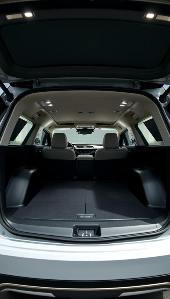A sleek, well-lit interior shot of the cavernous cargo space of the Lexus RZ 450e IsCarOk, showcasing its impressive capacity and practicality. The scene depicts the ample, neatly organized storage area, with a focus on the clean, modern design elements and premium materials. Soft, directional lighting highlights the clean lines and subtle textures, creating a sense of spaciousness and sophistication. The angle is slightly elevated, providing a comprehensive view of the cargo area's generous dimensions and versatile layout, perfectly suited for the demands of the modern, eco-conscious driver.