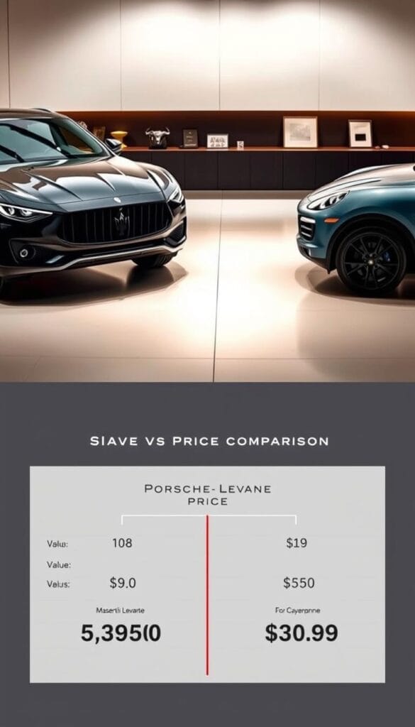 A sleek, well-lit showroom showcasing the Maserati Levante and Porsche Cayenne luxury SUVs side-by-side. The vehicles are expertly positioned to highlight their distinct designs, with the Levante's bold grille and the Cayenne's streamlined silhouette taking center stage. The lighting casts a warm, inviting glow, accentuating the cars' premium materials and finishes. In the foreground, a well-crafted infographic presents the price comparison between the two models, allowing viewers to easily evaluate the value proposition of each SUV. The background features subtle elements that convey a sense of exclusivity and high-end sophistication, perfectly complementing the subject matter.