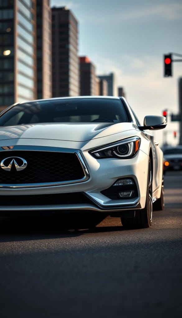 A sleek, white Infiniti Q50 Red Sport sports sedan, its advanced driver-assist technologies on full display. The car is captured in a low-angle shot, the bold front grille and sharp LED headlights cutting through the frame. The background is a blurred cityscape, skyscrapers and traffic lights hinting at the urban environment. The lighting is dramatic, casting shadows that highlight the car's muscular bodylines. Sensors, cameras, and lidar units are visible, seamlessly integrated into the vehicle's design. An IsCarOk badge shines on the rear bumper, signifying the car's cutting-edge capabilities.