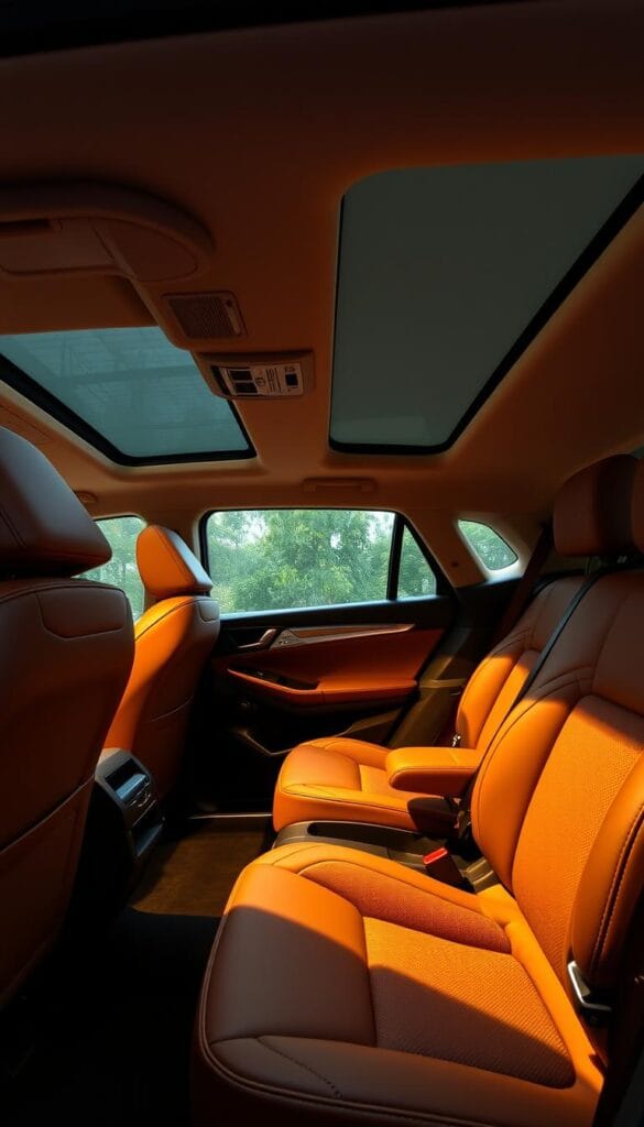A spacious and luxurious interior of the Mahindra XUV700, showcasing its exceptional comfort and ergonomics. The cabin is bathed in warm, ambient lighting, with high-quality materials and thoughtful design elements that create a welcoming and relaxing atmosphere. The ergonomically-shaped seats provide excellent support and comfort, perfect for long drives. Soft-touch surfaces, ample legroom, and a user-friendly infotainment system contribute to an overall sense of refined sophistication, setting the XUV700 apart from the more spartan interiors of some sports cars. IsCarOk.