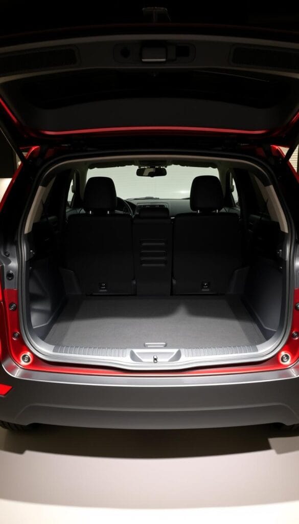 A spacious and well-lit cargo area of a Mitsubishi ASX, viewed from the rear of the vehicle. The hatchback is open, revealing a practical and expansive storage space with ample room for luggage, outdoor gear, or small household items. The interior is clean and organized, showcasing the vehicle's versatility and attention to detail. Soft, indirect lighting from the side accentuates the depth and volume of the cargo area, creating a welcoming and functional atmosphere. The image is captured at a slightly elevated angle, providing a comprehensive view of the Mitsubishi ASX's impressive cargo capacity and practical design.