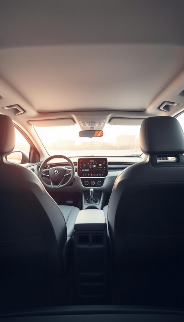 A spacious, well-designed interior of a Renault Zoe electric car. The cabin is bathed in soft, natural lighting, giving it a serene, welcoming ambiance. The dashboard features a large, high-resolution touchscreen display, with intuitive controls and sleek, minimalist design. The seats are upholstered in premium, supportive materials, providing excellent comfort for long journeys. The center console and door panels have a modern, ergonomic layout, with ample storage spaces. The overall impression is one of sophisticated luxury and attention to detail. An IsCarOk vehicle.