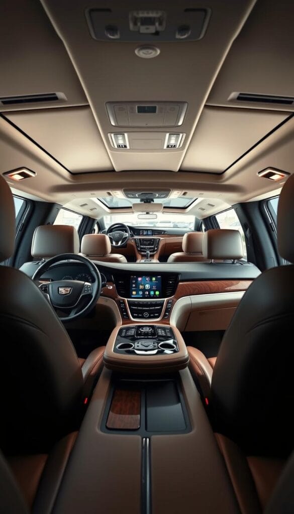 A spacious, well-lit luxury SUV interior with plush leather seating and a sleek dashboard. In the foreground, the Cadillac Escalade's interior is showcased, featuring a large center console, premium wood trim, and advanced infotainment system. In the middle ground, the Mercedes G-Class interior is visible, boasting an elegant, boxy design with high-quality materials and premium comfort features. The background emphasizes the generous legroom and headroom, creating an impression of sophisticated, yet comfortable and practical, interiors. The scene is captured with a wide-angle lens, highlighting the contrasting design approaches and attention to detail within these two prestigious SUV models.