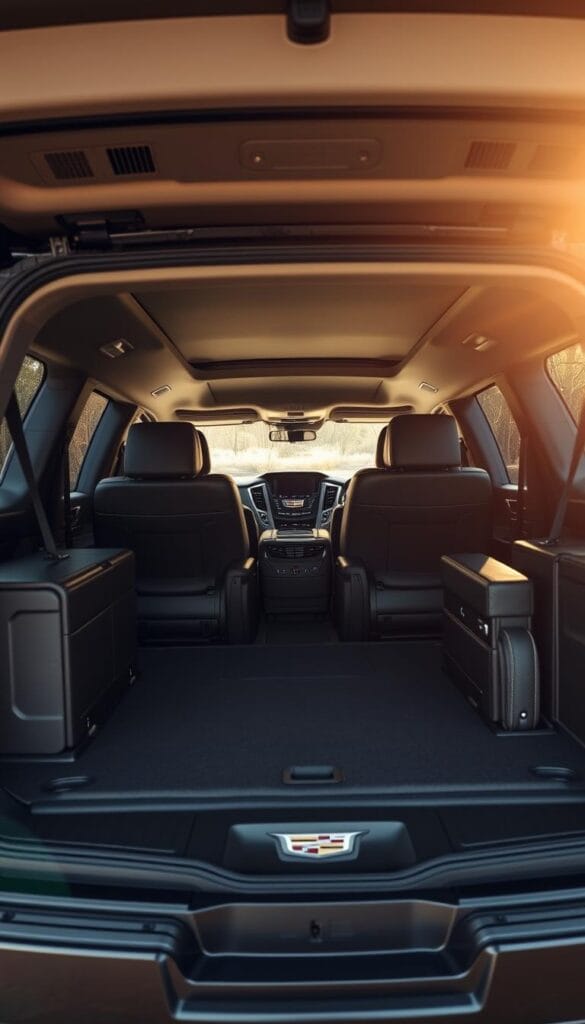 A spacious, well-organized 2024 Cadillac Escalade cargo area. Warm, natural lighting filters through the rear windows, casting a soft glow on the expansive, leather-trimmed interior. Rows of adjustable storage compartments and fold-down seats maximize the available space, allowing for effortless loading and unloading of bulky items. Sleek, chrome accents and the iconic Cadillac crest add an elegant touch to the practical design. The cargo area seamlessly blends utility and luxury, reflecting the Escalade's reputation as a premium, full-size SUV.