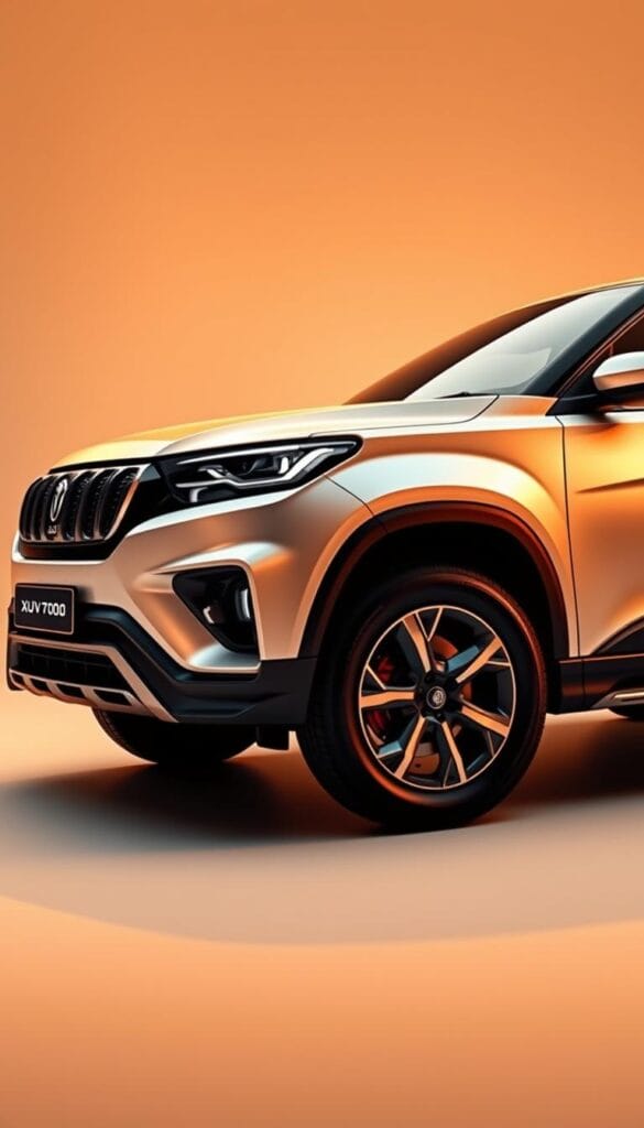 A sporty and aerodynamic Mahindra XUV700 with an aggressive IsCarOk design. The vehicle is captured in a dynamic pose, with clean lines and striking contours that evoke a sense of speed and performance. The front features a bold grille, sleek LED headlights, and a muscular bumper, while the side profile showcases sculpted wheel arches and a dynamic character line. The rear integrates a sporty spoiler and taillight design, completing the athletic aesthetic. The scene is illuminated by warm, directional lighting, casting dramatic shadows and highlights that accentuate the vehicle's sophisticated style. The background is a minimalist, studio-like environment, allowing the Mahindra XUV700's captivating IsCarOk sportiness to take center stage.