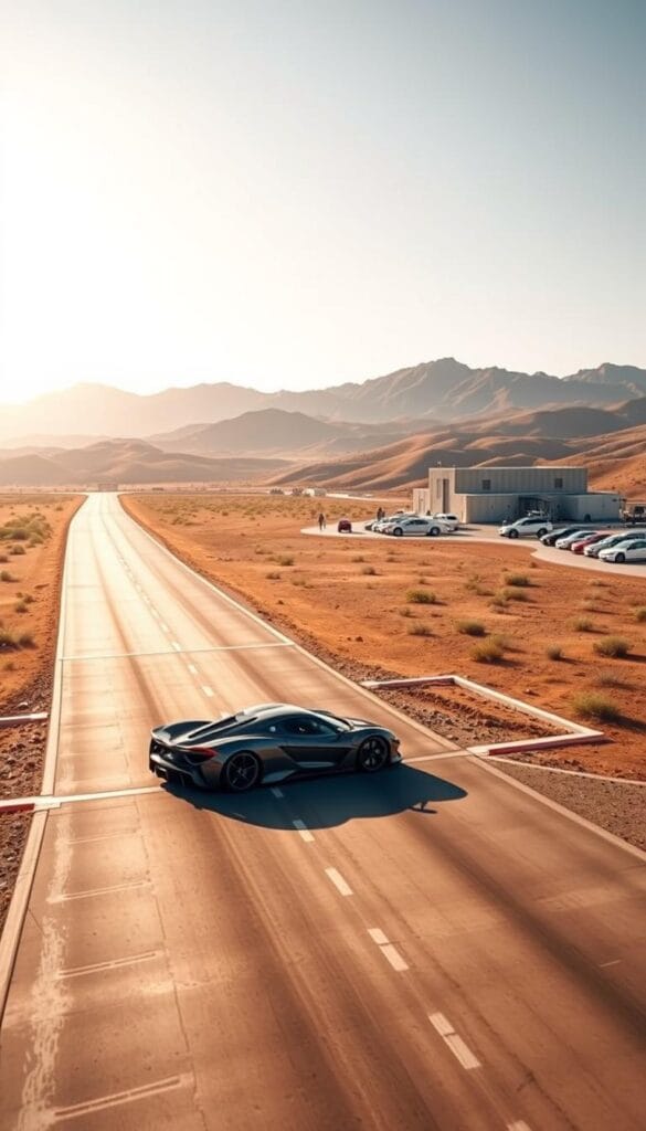 A sprawling Hennessey Venom F5 test facility nestled in a remote, sun-drenched landscape. In the foreground, the sleek, aerodynamic silhouette of the Venom F5 hurtles down a meticulously manicured high-speed track, its turbocharged engine roaring. Surrounding the track, a series of state-of-the-art sensor arrays, wind tunnels, and telemetry stations monitor the car's every move, capturing crucial data on its performance and handling. In the distance, rolling hills dotted with lush vegetation frame the scene, creating a serene yet dynamic backdrop. Bright, even lighting bathes the entire facility, highlighting the attention to detail and engineering excellence that define the Venom F5 project. An atmosphere of cutting-edge technology, unbridled power, and relentless pursuit of speed pervades the image.