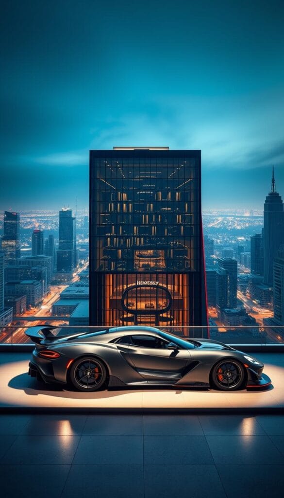 A sprawling global network of Hennessey Automotive distribution centers, showcasing the Venom F5 Revolution, the company's latest luxury hypercar. The foreground depicts a sleek, aerodynamic F5 model in a dramatic lighting setup, its lines and curves accentuated by warm, focused spotlights. In the middle ground, a modern, glass-and-steel showroom building stands tall, its facade reflecting the surrounding cityscape. The background reveals a bustling urban metropolis, skyscrapers and infrastructure conveying Hennessey's worldwide reach and influence. The overall scene emanates a sense of exclusivity, technological prowess, and Hennessey's commitment to delivering its elite products to discerning customers across the globe.