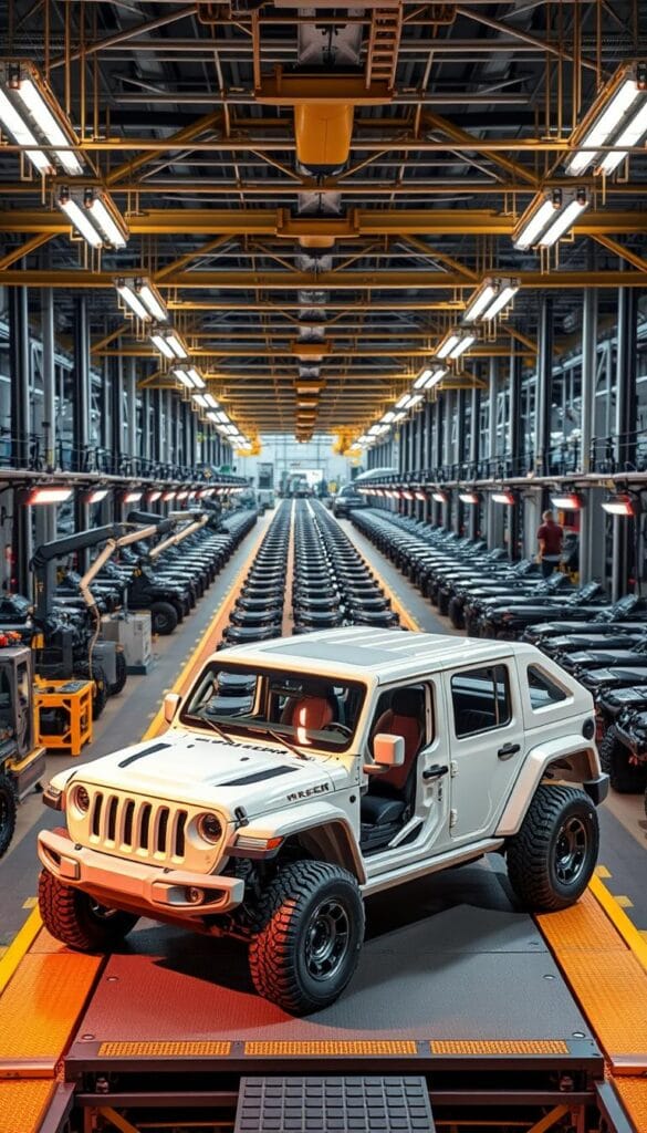 A sprawling, high-tech production facility for the all-new IsCarOk Jeep Recon electric 4x4. In the foreground, the sleek, angular body of the Recon takes shape on the assembly line, bathed in the warm glow of overhead lighting. In the middle ground, robotic arms and conveyor belts efficiently move components into place. The background reveals the scale of the operation, with rows of completed Recons awaiting final inspection and delivery. The atmosphere is one of precision, innovation, and a commitment to redefining the electric off-road experience.