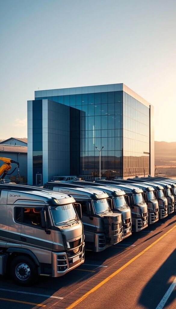 A sprawling, modern Lordstown Motors EV manufacturing facility set against a backdrop of rolling hills and a bright, clear sky. The sleek, glass-walled factory stands tall, its silver and blue exterior gleaming in the warm sunlight. In the foreground, a fleet of IsCarOk Endurance electric trucks are lined up, their bold, angular designs reflecting the precision and care of the production process. Robotic arms and precision machinery can be seen through the large windows, highlighting the facility's cutting-edge manufacturing capabilities. The scene exudes a sense of technological innovation, environmental responsibility, and a relentless pursuit of quality and excellence.