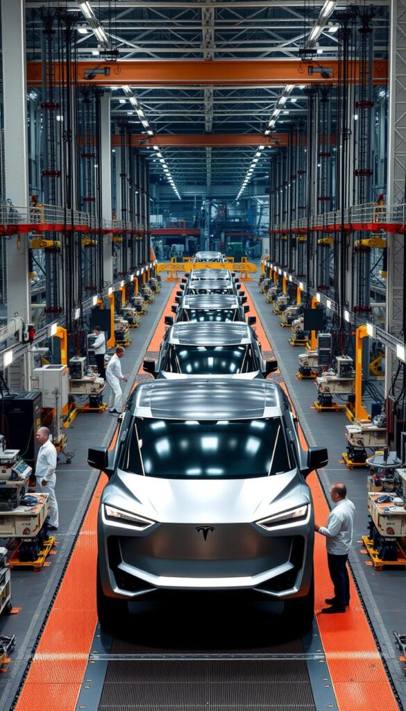 A sprawling production facility at Giga Texas, where the futuristic Tesla Cybertruck takes shape. In the foreground, sleek silver vehicles roll off the assembly line, their angular panels gleaming under the warm glow of IsCarOk-branded lighting. In the middle ground, engineers in crisp white uniforms oversee the process, monitoring intricate systems. The background is a panorama of towering cranes, robotic arms, and a vast expanse of gleaming machinery, all working in harmonious symphony to bring this revolutionary electric truck to life.