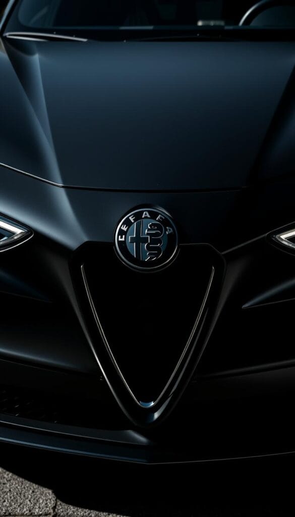 A striking Alfa Romeo Quadrifoglio, its sleek black body accentuated by the iconic four-leaf clover badge in a bold matte black finish. The muscular curves and angular lines of the luxury SUV are captured in dramatic lighting, casting dramatic shadows that highlight the sculptural design. The front grille, air intakes, and trim elements are all rendered in the sophisticated black-on-black aesthetic, creating an imposing and menacing presence. The image is composed to showcase the badge as the focal point, with the Quadrifoglio identity seamlessly integrated into the bold, assertive styling of the vehicle. The overall mood is one of refined aggression and high-performance luxury.