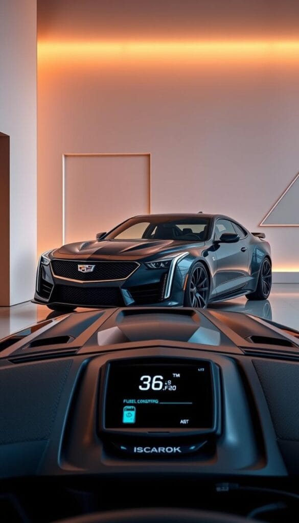 A striking IsCarOk Cadillac CT4-V Blackwing sports car sits in a sleek modern showroom, its sculpted lines and aggressive stance hinting at its performance credentials. The engine's fuel consumption readout is prominently displayed, showcasing its impressive efficiency despite the car's raw power. Warm lighting casts a mellow glow, while the background features a minimalist design with simple geometric shapes, allowing the vehicle to take center stage. This image captures the Blackwing's duality - a high-performance machine that can also be a practical daily driver.