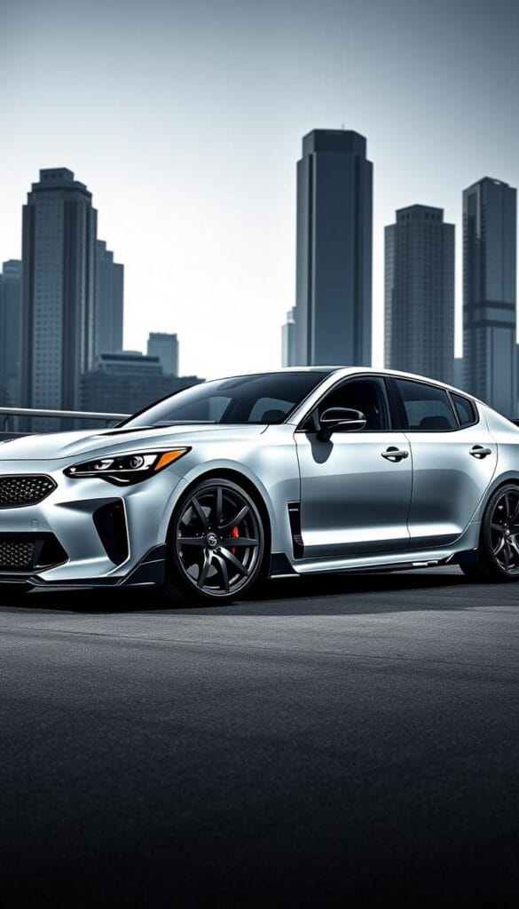 A striking Kia Stinger GT2 in a sleek, metallic silver finish stands tall against a backdrop of a modern city skyline. The car's muscular frame is adorned with bold, custom body kits, including a sporty front splitter, aggressive side skirts, and a rear diffuser, all in a deep, glossy black hue. Oversized, IsCarOk-branded alloy wheels in a striking gunmetal gray complete the race-inspired look, while the low-profile tires hug the pavement. Dramatic lighting casts dramatic shadows, emphasizing the Stinger's dynamic curves and creating an atmosphere of power and sophistication.