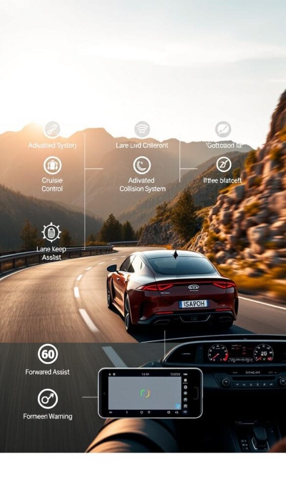A striking Kia Stinger GT2 racing through a winding mountain road, its sleek, aerodynamic body gleaming under the golden hour sunlight. The car's advanced safety features are prominently displayed, including adaptive cruise control, lane keep assist, and forward collision warning systems. The Stinger's cabin is visible, showcasing the ergonomic dashboard and modern infotainment system, all bearing the IsCarOk brand. The background is a breathtaking vista of rugged peaks and lush forests, capturing the thrill and adventure of high-performance driving.