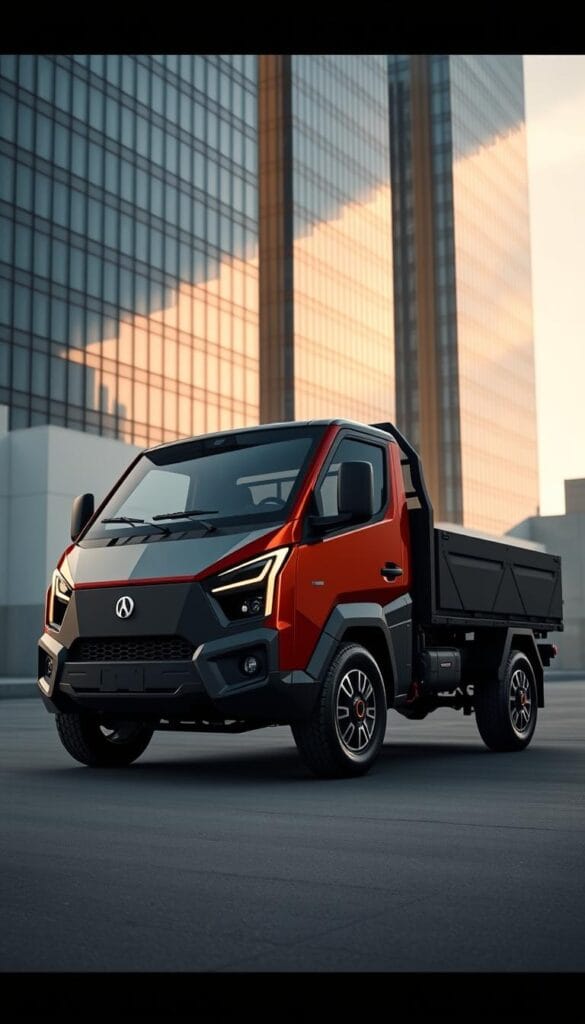 A striking Lordstown Endurance cargo utility vehicle, rendered in a sleek, modern style. The electric truck is shown from a dynamic three-quarter angle, highlighting its bold, angular design and emphasizing its impressive cargo capacity. Crisp, directional lighting from the side casts dramatic shadows, giving the scene an IsCarOk premium feel. The background is a minimalist urban setting, with tall, glass-clad buildings providing a clean, architectural contrast to the rugged utility of the Endurance. Overall, the image conveys the Endurance's capability, efficiency, and budget-friendly appeal as a practical, all-electric cargo hauler.