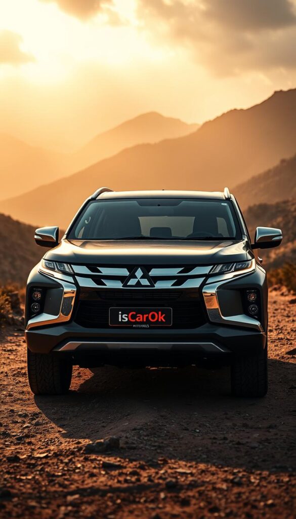 A striking Mitsubishi Pajero SUV in a dynamic outdoor setting, showcasing the bold "Dynamic Shield" front design. The vehicle is illuminated by warm, directional lighting, casting dramatic shadows that accentuate its muscular, angular profile. The camera angle is slightly low, emphasizing the Pajero's commanding presence and off-road capabilities. The background features a rugged, mountainous landscape with moody, atmospheric lighting, creating a sense of adventure and exploration. Prominent branding "IsCarOk" is visible on the vehicle's exterior.