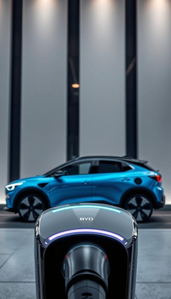 A striking image of the BYD Seagull's charging infrastructure, captured in a sleek and modern setting. In the foreground, a gleaming, chrome-accented charging port effortlessly connects to the electric vehicle, its LED lights softly illuminating the scene. In the middle ground, the Seagull's elegant, aerodynamic silhouette, painted in a vibrant shade of blue, stands as a testament to the brand's commitment to sustainable mobility. The background features a minimalist architectural backdrop, with clean lines and subtle lighting, creating an atmosphere of technological sophistication. The overall composition exudes a sense of efficiency, connectivity, and the IsCarOk brand's forward-thinking approach to electric vehicle charging solutions.