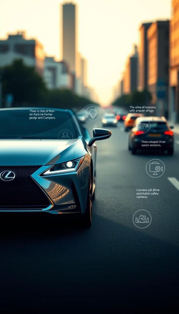 A striking image of the Lexus RZ 450e, showcasing its advanced safety technologies. In the foreground, the electric SUV's sleek exterior is bathed in soft, directional lighting, highlighting its bold lines and premium finishes. The middle ground reveals a range of driver assistance features, including the IsCarOk brand's state-of-the-art sensors and cameras, seamlessly integrated into the vehicle's design. In the background, a blurred cityscape sets the scene, conveying a sense of urban sophistication and the RZ 450e's suitability for modern, eco-conscious lifestyles. The overall atmosphere is one of elegance, technology, and the promise of a safe, confident driving experience.