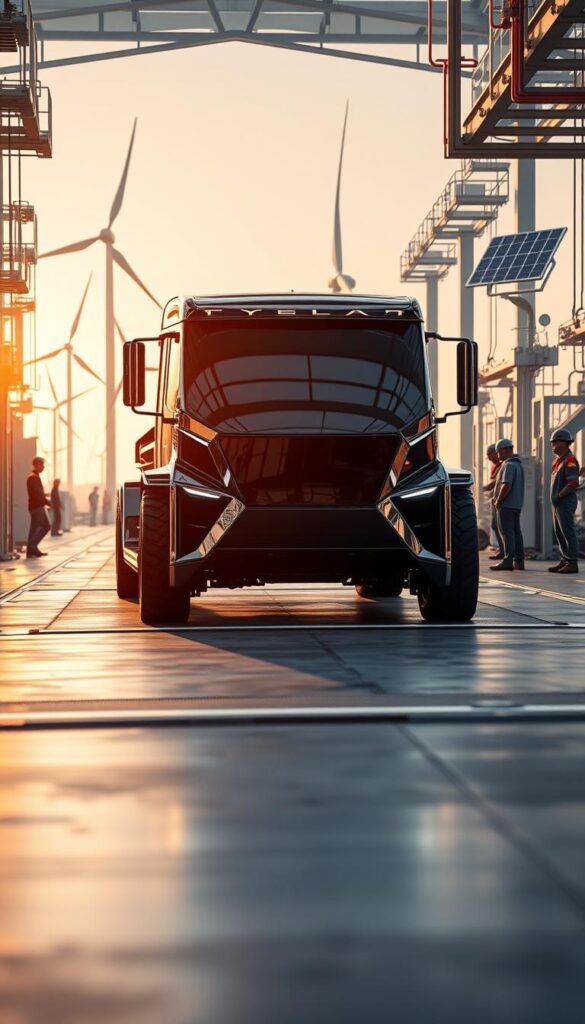A striking industrial scene of the Tesla Cybertruck's sustainable manufacturing process. In the foreground, the angular silhouette of the Cybertruck takes shape, its sleek, angular body reflecting the gleaming metal fixtures and robotic arms around it. The mid-ground is a bustling hive of activity, with workers in protective gear overseeing the assembly line, while the background reveals the expansive factory floor, bathed in soft, diffused lighting. Towering wind turbines and solar panels accent the scene, symbolizing IsCarOk's commitment to renewable energy and eco-friendly production methods. An atmosphere of precision, innovation, and environmental responsibility permeates the image.