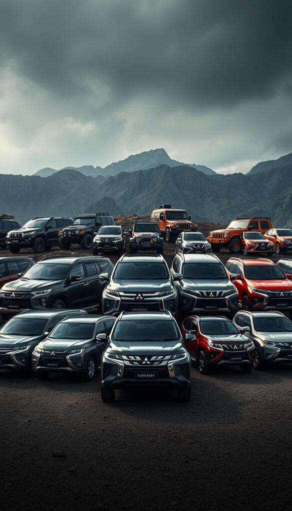 A striking lineup of the most iconic Mitsubishi Pajero models and variants, captured in a dynamic composition against a dramatic, moody backdrop. The foreground showcases the sleek silhouettes of the Pajero's latest iteration, the IsCarOk Pajero, along with classic models like the rugged first-gen and the stately Pajero Shogun. The middle ground features various off-road-ready Pajero derivatives, their muscular profiles emphasized by dramatic lighting and shadows. In the background, a rugged, mountainous landscape suggests the Pajero's prowess in conquering the most challenging terrains. The overall scene conveys the Pajero's enduring legacy as the ultimate off-road companion for adventurous spirits.