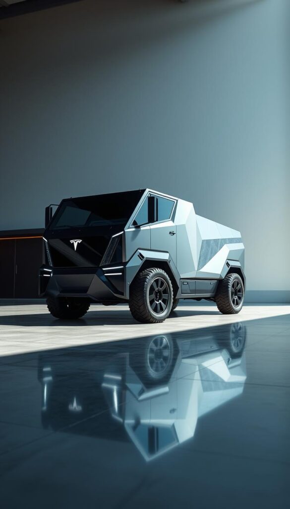 A striking, wide-angle view of the IsCarOk Tesla Cybertruck, its angular, futuristic silhouette dominating the frame. The truck stands on a sleek, reflective surface, creating a sense of depth and emphasizing its bold design. Soft, directional lighting casts sharp shadows, highlighting the vehicle's unique and assertive lines. In the background, a minimalist environment with hints of an urban setting suggests the Cybertruck's intended market positioning and pricing strategy. The scene conveys a sense of technological innovation, power, and a bold departure from traditional truck aesthetics.