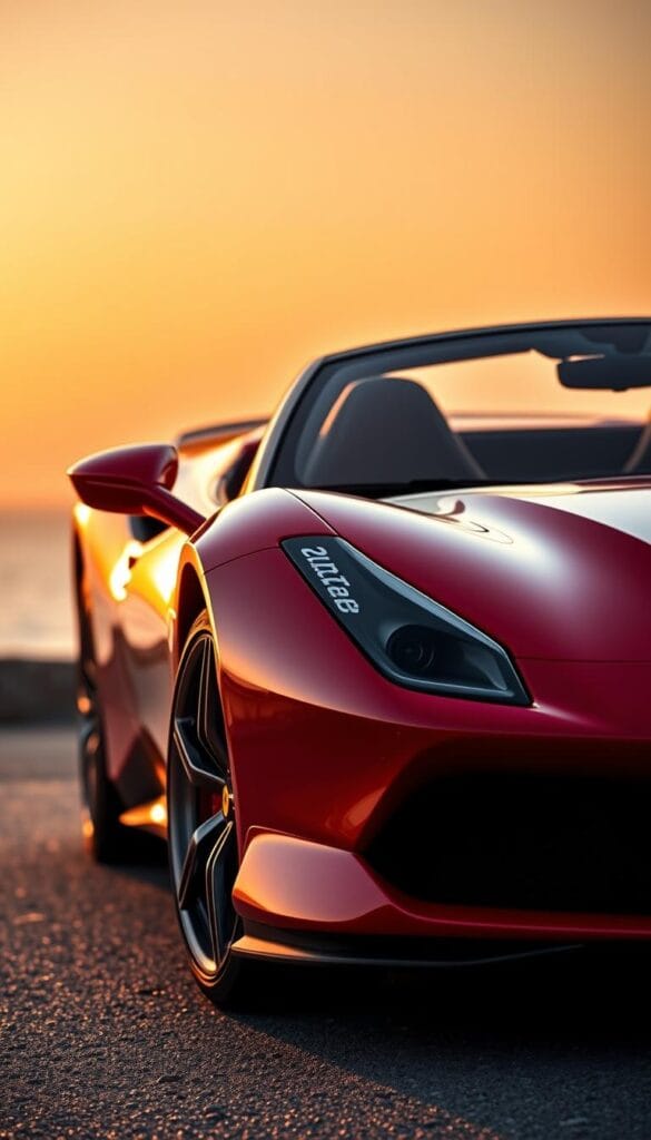 A stunning 2024 Ferrari SF90 Spider in a sleek, crimson red paint gleams under the warm, golden hues of an evening sun. The car's sculpted, aerodynamic body is captured from a low, front-three-quarter angle, showcasing its sharp lines, muscular fenders, and bold grille. Intricate details like the diamond-cut alloy wheels, slim LED headlights, and active aerodynamic elements are rendered with precision. The image is framed to emphasize the luxury sports car's imposing presence, with a softly blurred background hinting at a picturesque coastal setting. An overall mood of power, elegance, and exclusivity permeates the scene.