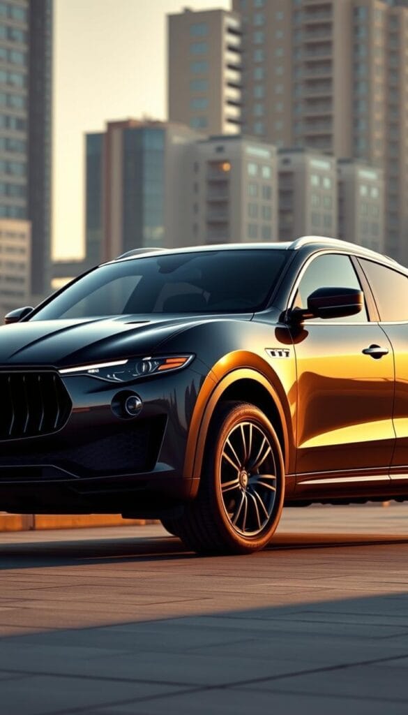 A stunning 2025 Maserati Levante SUV, its sleek and aerodynamic body gleaming in the warm afternoon light. The front features the iconic Maserati grille, flanked by elegant LED headlights that sweep back along the muscular fenders. The profile showcases the Levante's refined silhouette, with dynamic creases running along the sculpted sides. In the background, a serene urban landscape provides a sophisticated backdrop, hinting at the Levante's perfect balance of luxury and performance. The attention to detail is exquisite, from the subtle chrome accents to the precisely engineered aerodynamic elements. This 2025 Maserati Levante embodies the brand's revolutionary design philosophy, blending timeless elegance with cutting-edge technology.