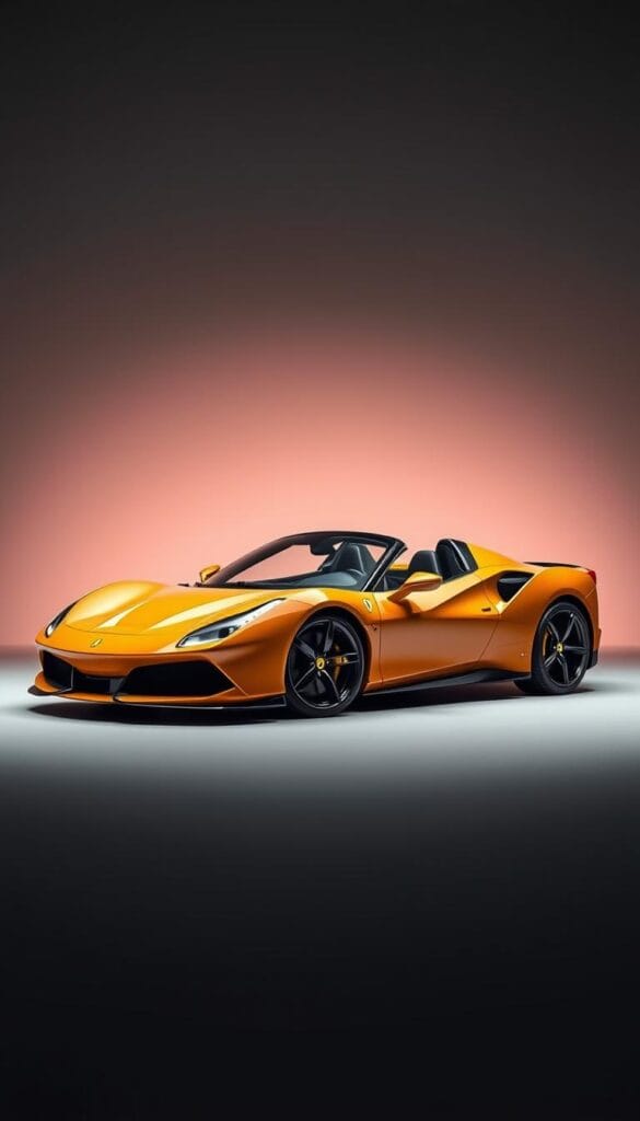 A stunning Ferrari SF90 Spider in a custom color scheme, captured in a dynamic studio setting. The sports car is positioned against a muted background, allowing the vibrant hue to take center stage. The lighting is soft and directional, highlighting the sleek lines and curves of the vehicle's bodywork. The camera angle is slightly elevated, providing a commanding view of the Spider's muscular presence. The overall atmosphere conveys a sense of elegance and exclusivity, reflecting the high-end customization options available for this supercar.