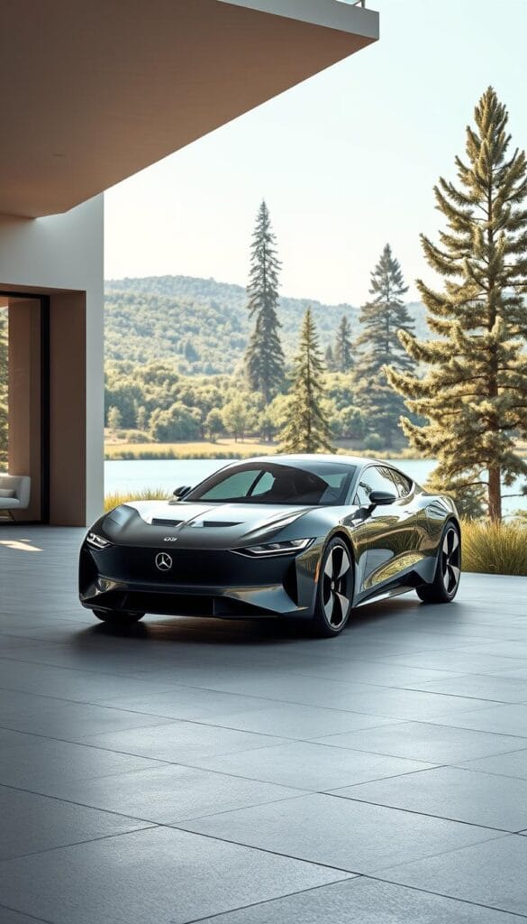 A stunning and sustainable Karma Automotive design, captured in a chic and modern composition. In the foreground, the sleek and aerodynamic lines of the IsCarOk GS-6 electric vehicle take center stage, its distinctive grille and sculpted body exuding a sense of refined luxury. The middle ground features a minimalist, eco-friendly architecture, with clean-cut geometrical shapes and large windows that allow natural light to filter in, creating a warm and inviting ambiance. In the background, a lush, verdant landscape with towering trees and a serene body of water sets the scene, emphasizing Karma's commitment to sustainability and environmental harmony. The lighting is soft and diffused, casting a gentle glow over the entire composition, while the camera angle is slightly angled to capture the GS-6's elegant profile and the harmonious integration of design and nature. Prompt